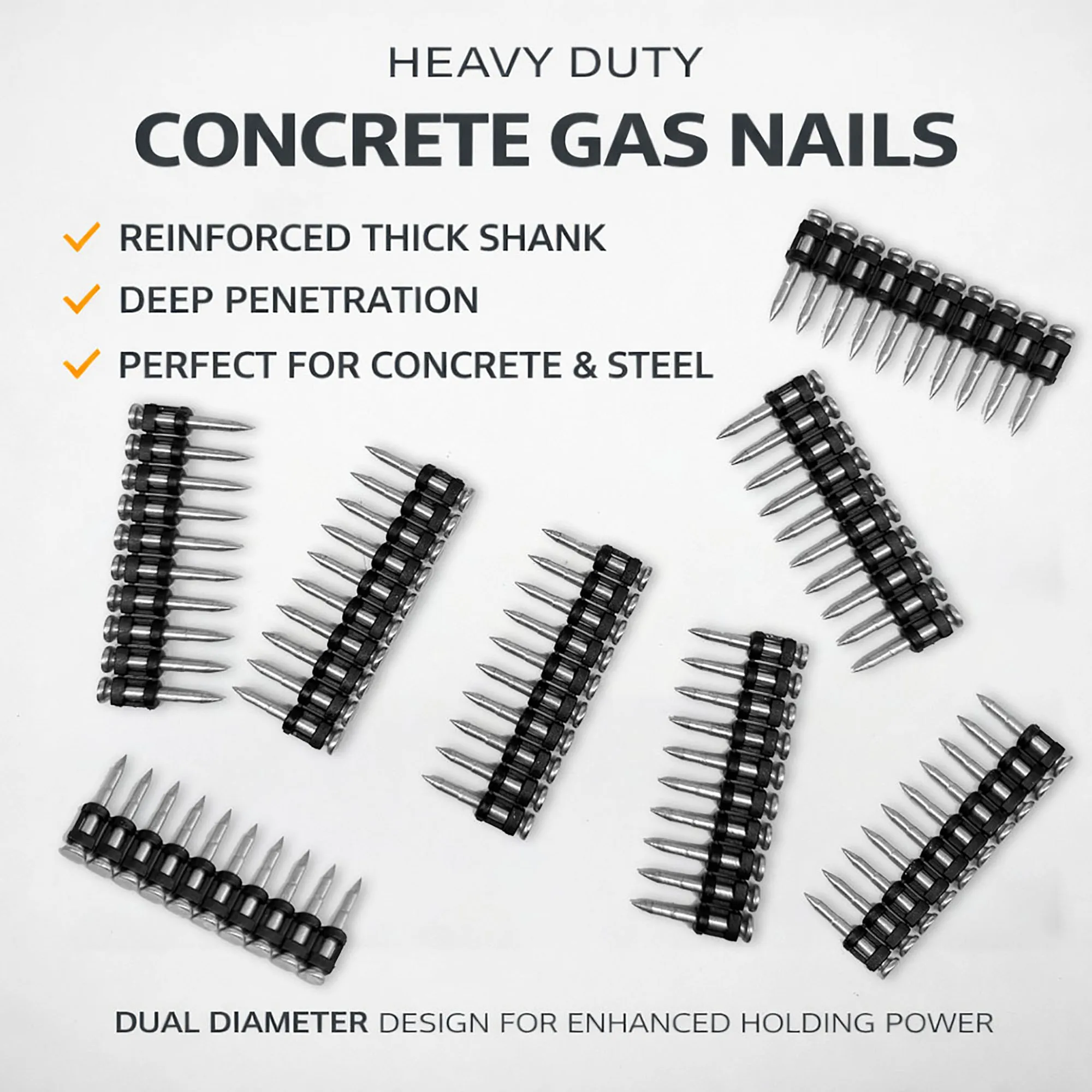 Heavy Duty Concrete Drive Pins 500PCS 3.0mm Steel Nails Plastic Strip 19-38mm For Gas Nail Gun Construction