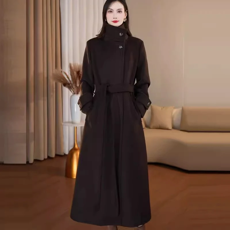 New Women Cotton Liner Wool Blends Coat Spring Autumn Winter Fashion Elegant Stand Collar Slim Waist with Belt Long Coat