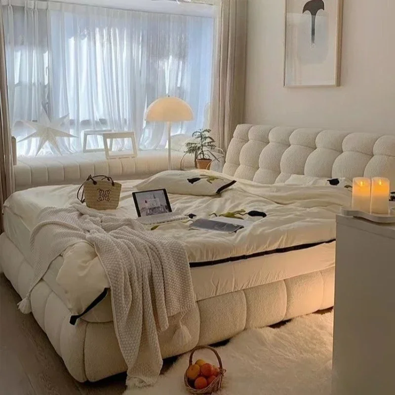 

1.5m 1.8m Cream Style Modern Bedroom Bed Frame Twin White Velvet Lazy Cloud Sectional Princess Bed Luxury Furniture For Soft Bed