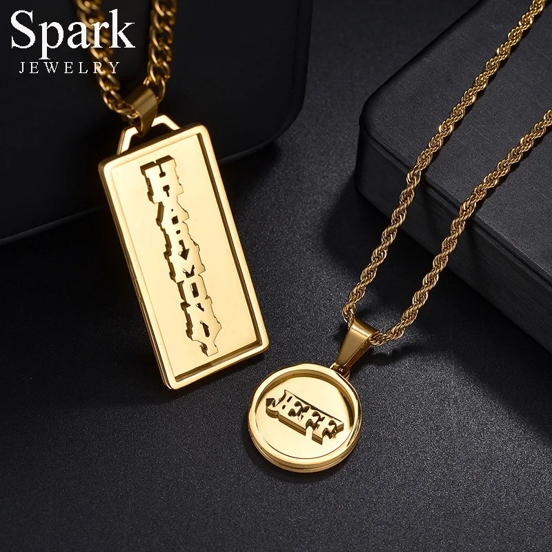 Spark Personalized Custom Double Thick Plated Carving Pendants Name Thick Chain  For Men Women Jewelry Birthday Gift