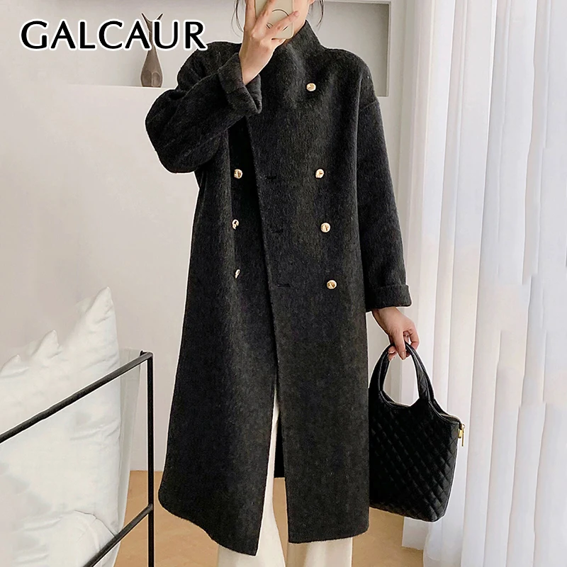 

GALCAUR Solid Casual Wool Coats For Women Lapel Long Sleeve Patchwork Metal Buttons Fashion Maxi Jackets Female Autumn Clothing