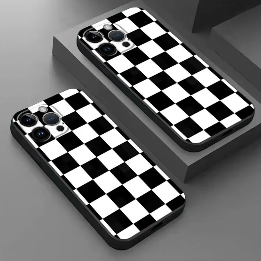 Casing ponsel TPU desain kotak-kotak hitam putih cocok untuk iPhone 17 16 15 14 13 1211 Pro/ Max /Plus, casing lembut matte all-inclusive