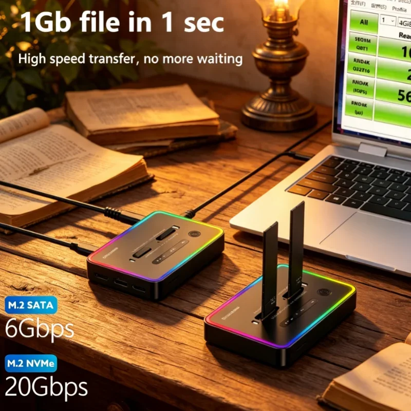 

Premium Dual Protocol M.2 Ssd Case 2 Bay SSD Enclosure Offline Clone Ssd Docking Station Type C 10Gbps PCIe NVME or Sata