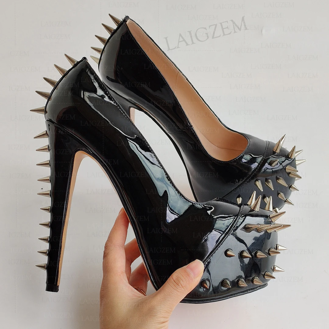 

BERZIMER Women Platform Pumps Studded Round Toe Thin High Heels Sandals Handmade Ladies Gothic Shoes Woman Big Size 38 41 43 45