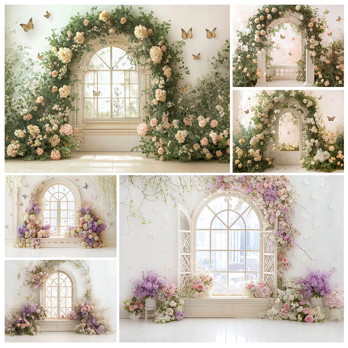 Wedding Arch With Roses and Greenery Butterflies Photography Backdrop Kids Baby Adult Studio Photocall Backgrounds