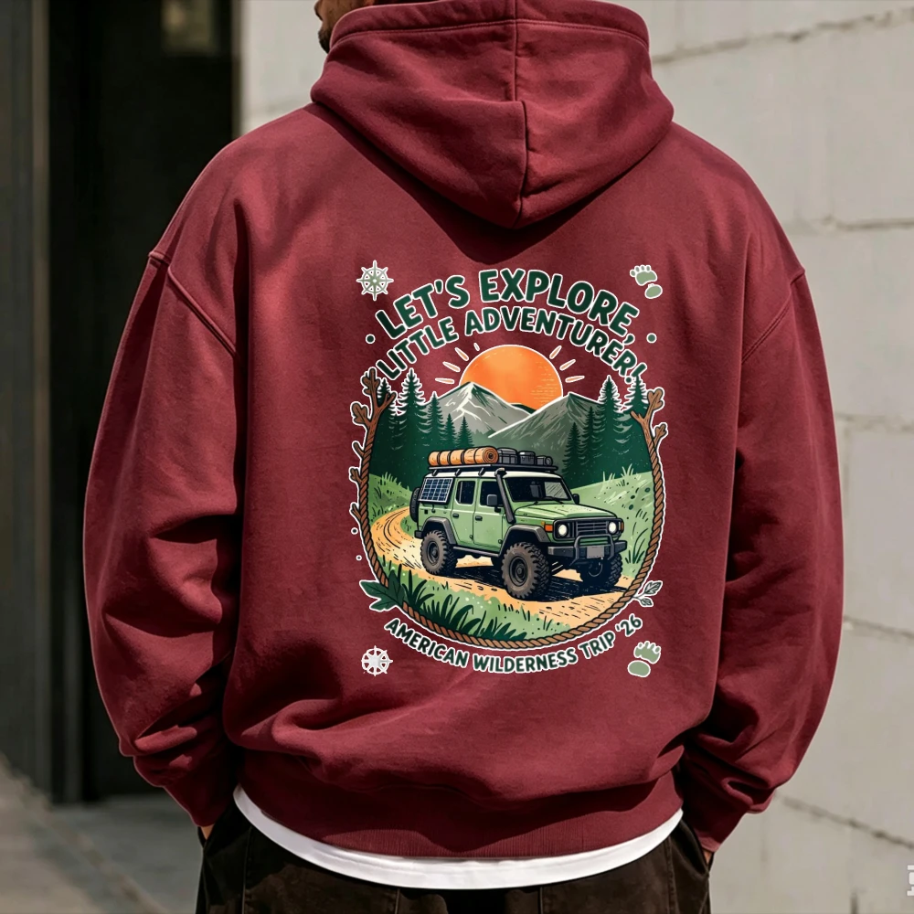 Let's Explore Little Adventurer Off Road SUV Mountain Sunset Forest Graphic Hoodie Front Print Sweatshirt American Wilderness