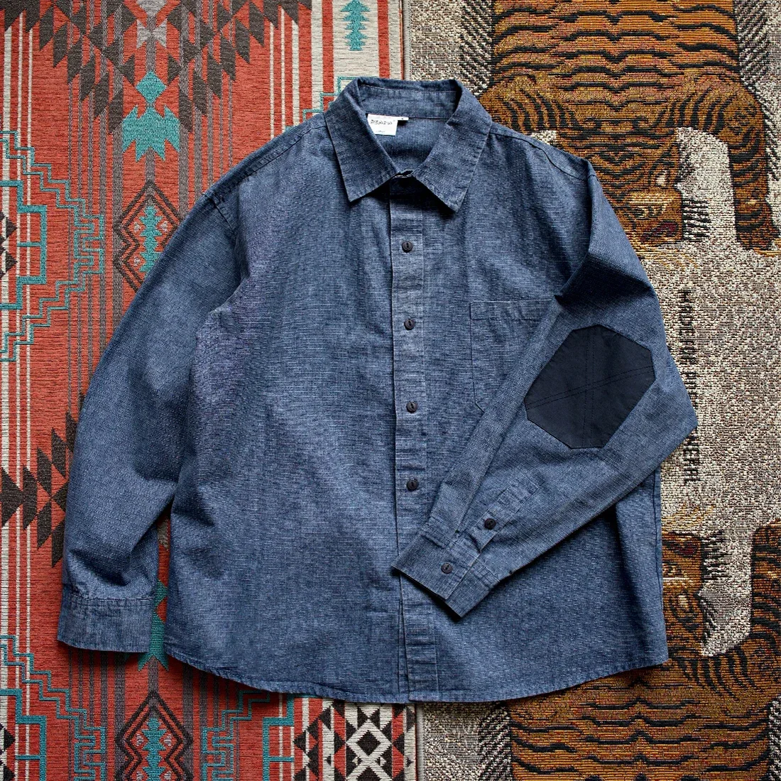 Japanese Small Checker Washed Distress Men's Loose Patch Long Sleeve Denim Shirt Coat for Men and Women
