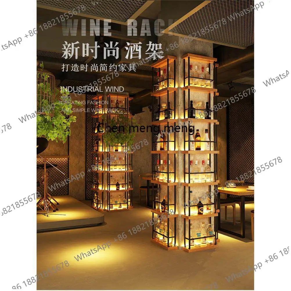 Simple column wall luminous rack wall hanging wrought iron wine wine rack display rack shelf wine cabinet solid wood