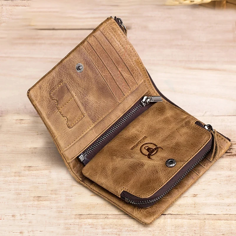 Genuine Leather Men's Wallet Short Purse Small Wallet RFID Blocking Men Zipper Vintage Coin Wallets