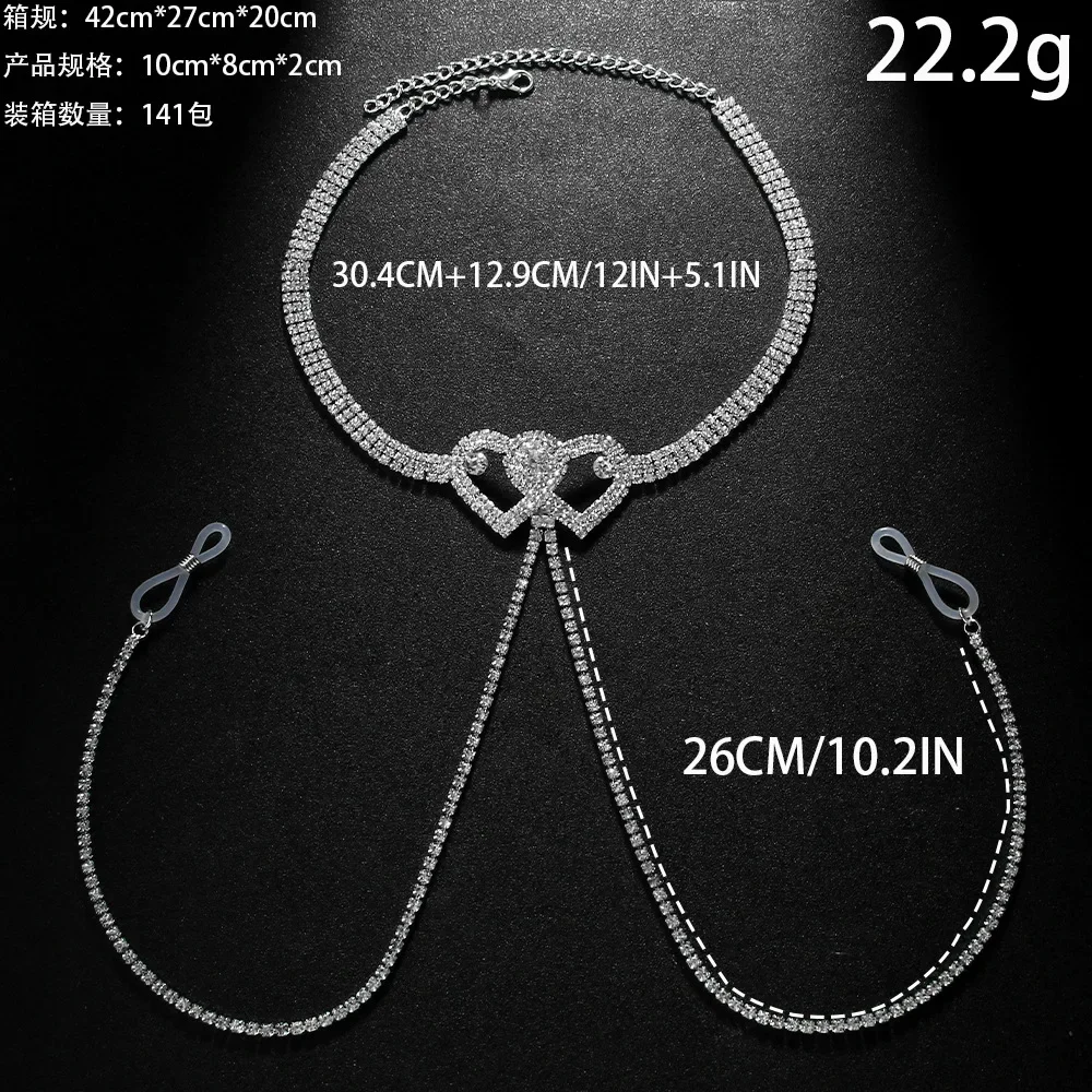 Sexy Double Heart Nipple Chain Necklace for Women Bikini Lingerie Festival Clothing Rhinestone Chest Chain Nightclub Jewelry