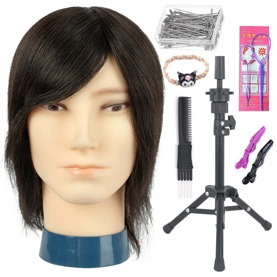 Male 100% Human Hair Mannequin Head Wig Stand With Tripod For Hairdressers Salon Hairdressing Male Training Heads Manikin Doll