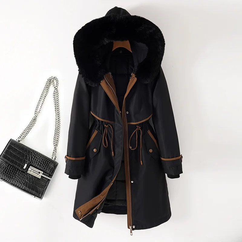 Women Mid Lenth Parkas Coat Hooded Overcoats Solid Zipper Drawstring Waist Detachable Loose Thick Office Lady Casual Winter 2025