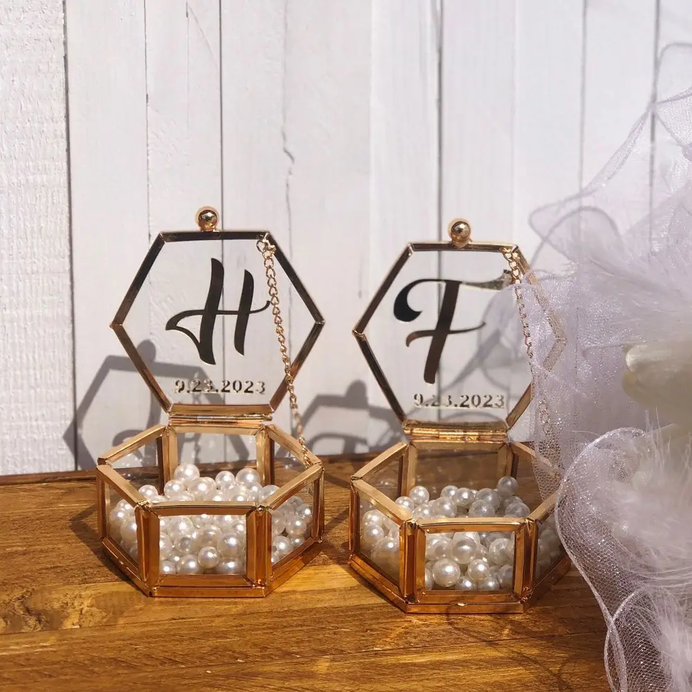 شخصية سداسية الزجاج خاتم صندوق رومانسية العروس والعريس خاتم الذهب حالة حفل زفاف المشاركة ديكور DIY زهرة موس