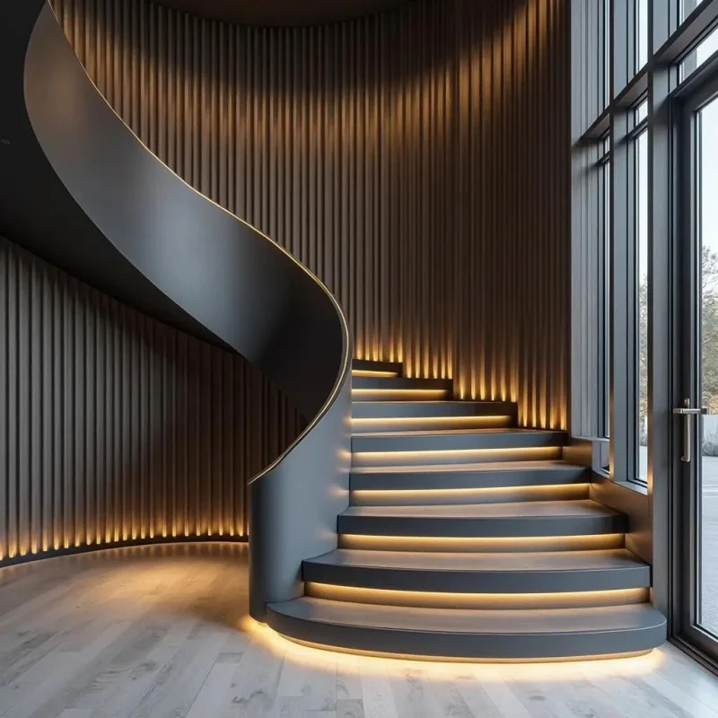 custom.Contemporary Curved Staircase With Frameless Glass Railing Custom Structure Hotel and Projects