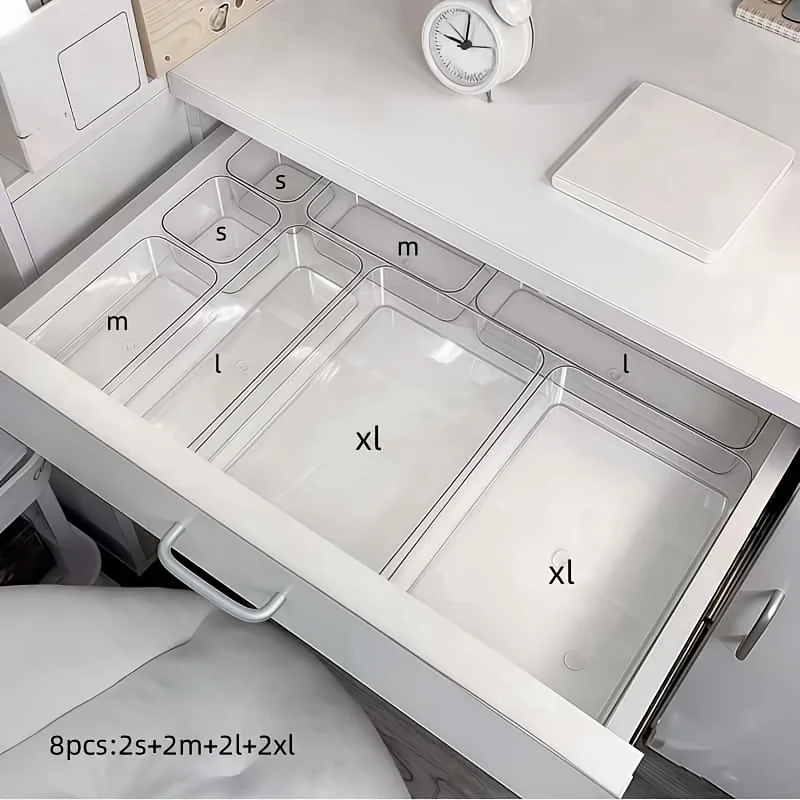 

8 Pcs Transparent plastic multi-functional storage box, freely combinable and partitionable trays in multiple sizes