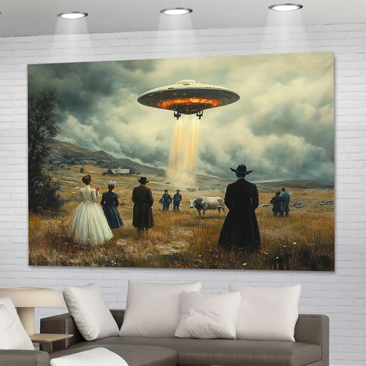 Alien Encounter Tapestry: Historical Scene with UFO for a Unique Home Decor