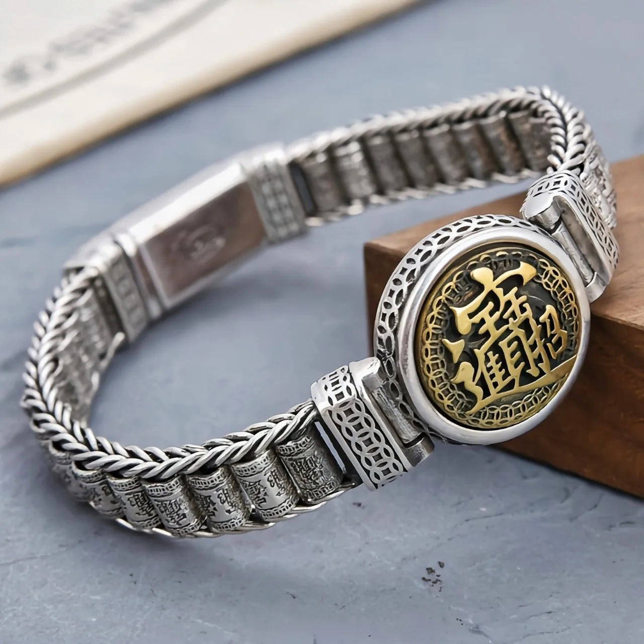 

S925 sterling silver six-character mantra men's bracelet national trend turning tube passepartout bracelet personalized jewelry