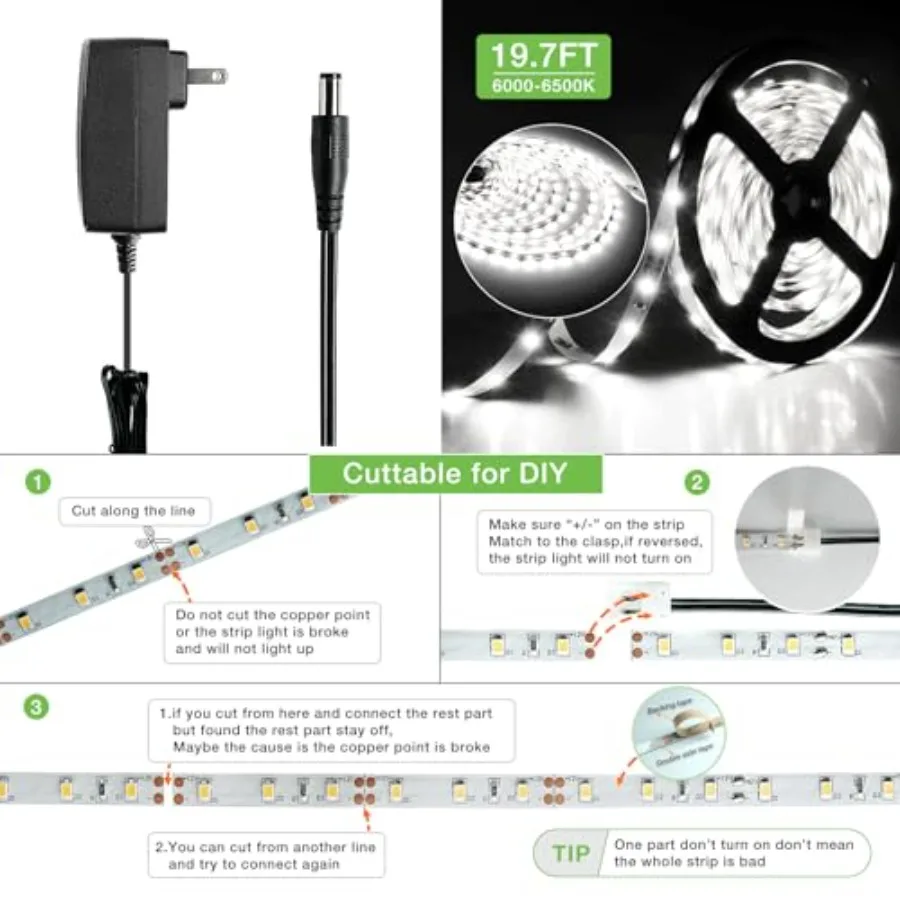 Wireless Motion Activated LED Strip Lights, 19.7FT LED Strip Lights with Power Adapter, Wireless Motion Sensor Control Dimmer,