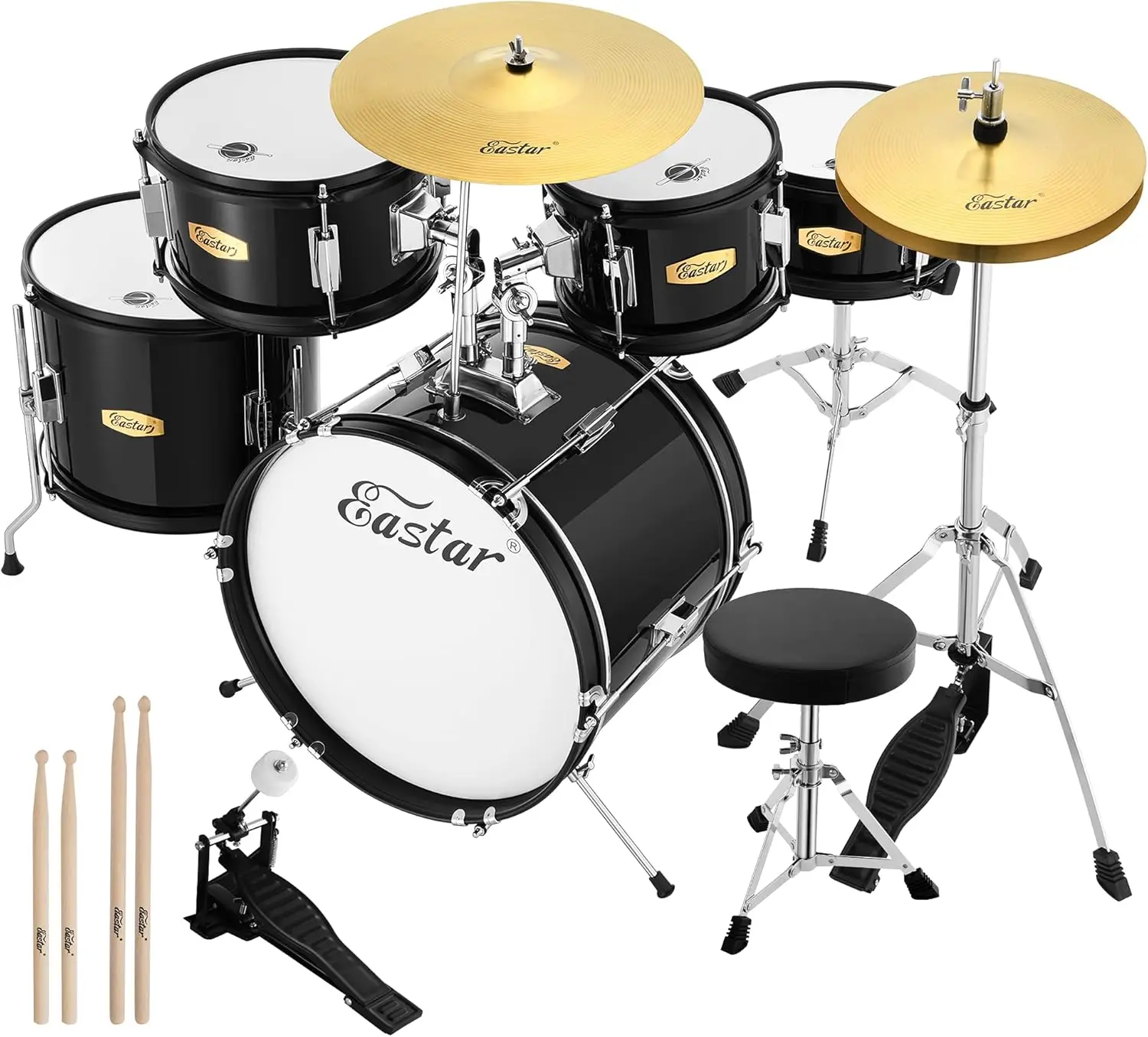 5-Piece 16-Inch Junior Drum Set for Beginners, Kids and Teens with Adjustable Throne, Cymbal, Pedal and Drumsticks