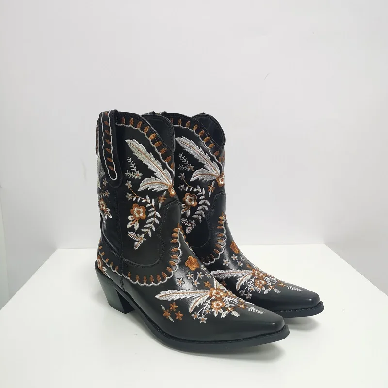 IPPEUM Western Cowboy Boot For Women Brown Ankle Boots Cowgirls Chunky Heels Embroidery White Botas