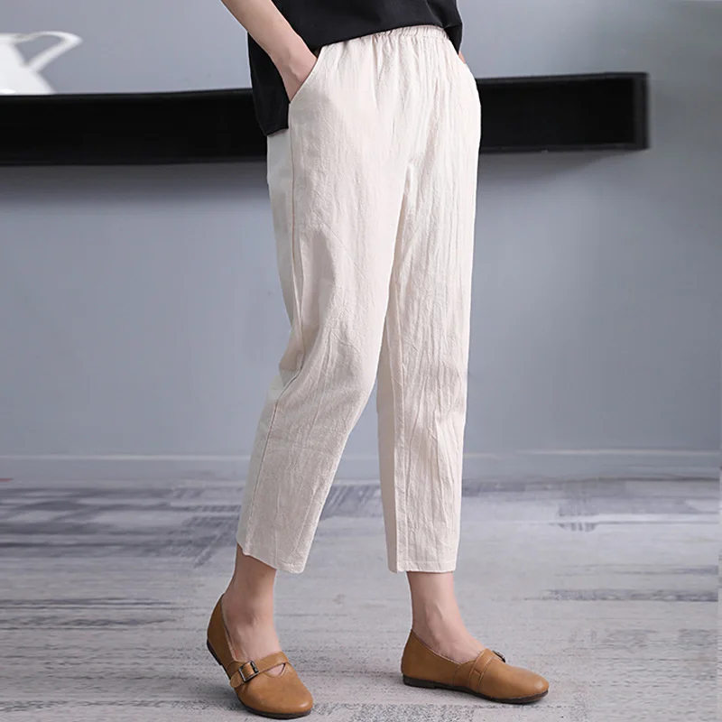 Korean Fashion Cotton Hemp Harlan Pants Women Summer Radish Loose Large Size Nine Point Cargo Pants