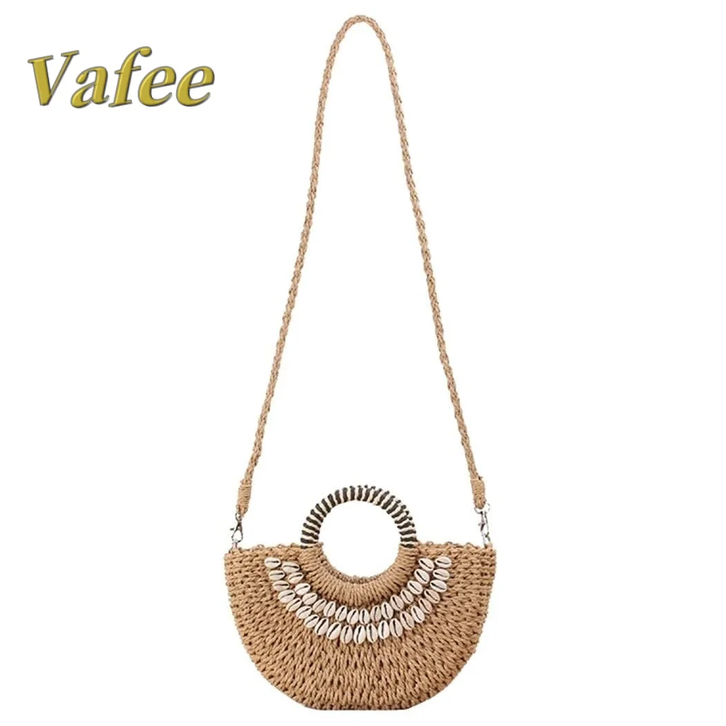 

Mini Semi-circle Rattan Straw Handbags, Hand-woven Women Summer Retro Straw Tote Bag Shoulder Bag with Shells Decoration Crossbo