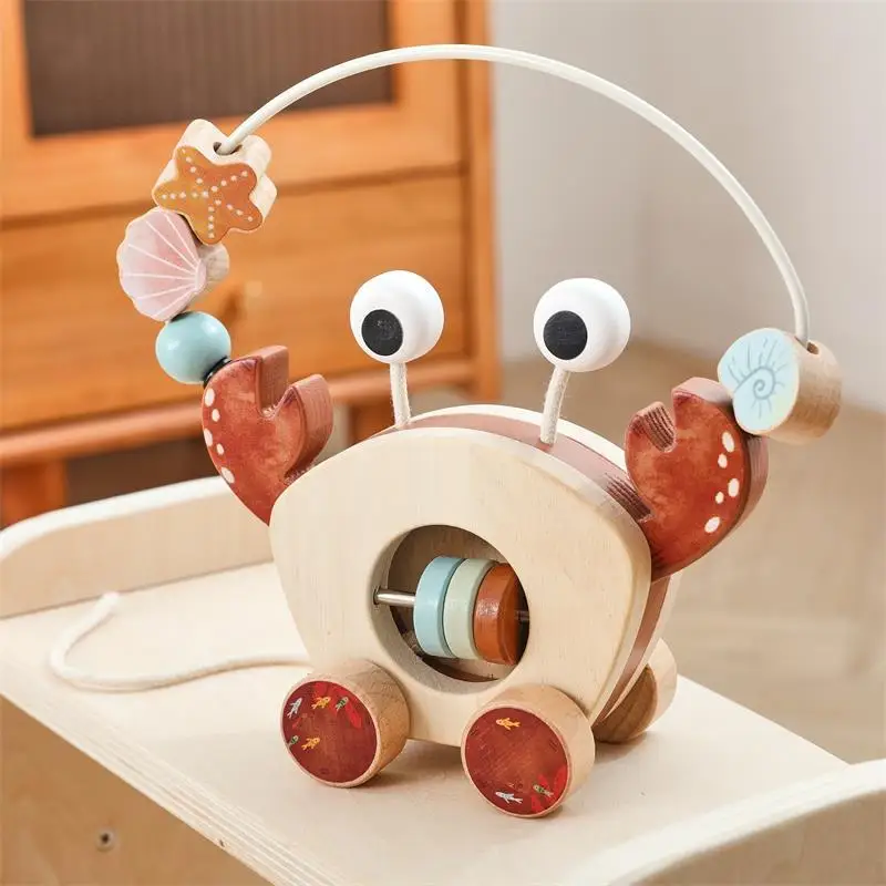Educational Toys Newborn Baby Early Education Multi-functional Wooden Crab Drag Bead Rope Cart Children's Hands-on Brain Toys