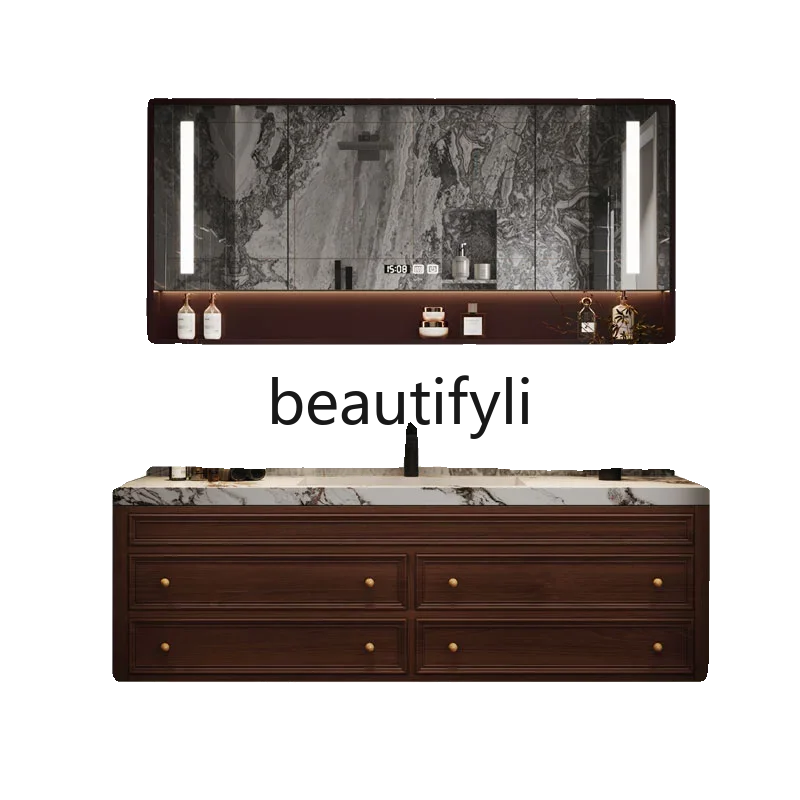 

DD25American light luxury oak solid wood washstand modern rock slab smart mirror bathroom cabinet French hand washbasin