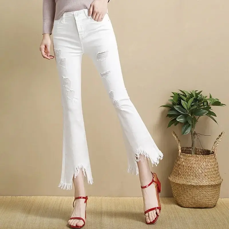 Jean neuf collants d'été pour femmes, trou fin, Micro évasé, Version coréenne, pompon, pantalon évasé blanc, amincissant, élastique, TT1086