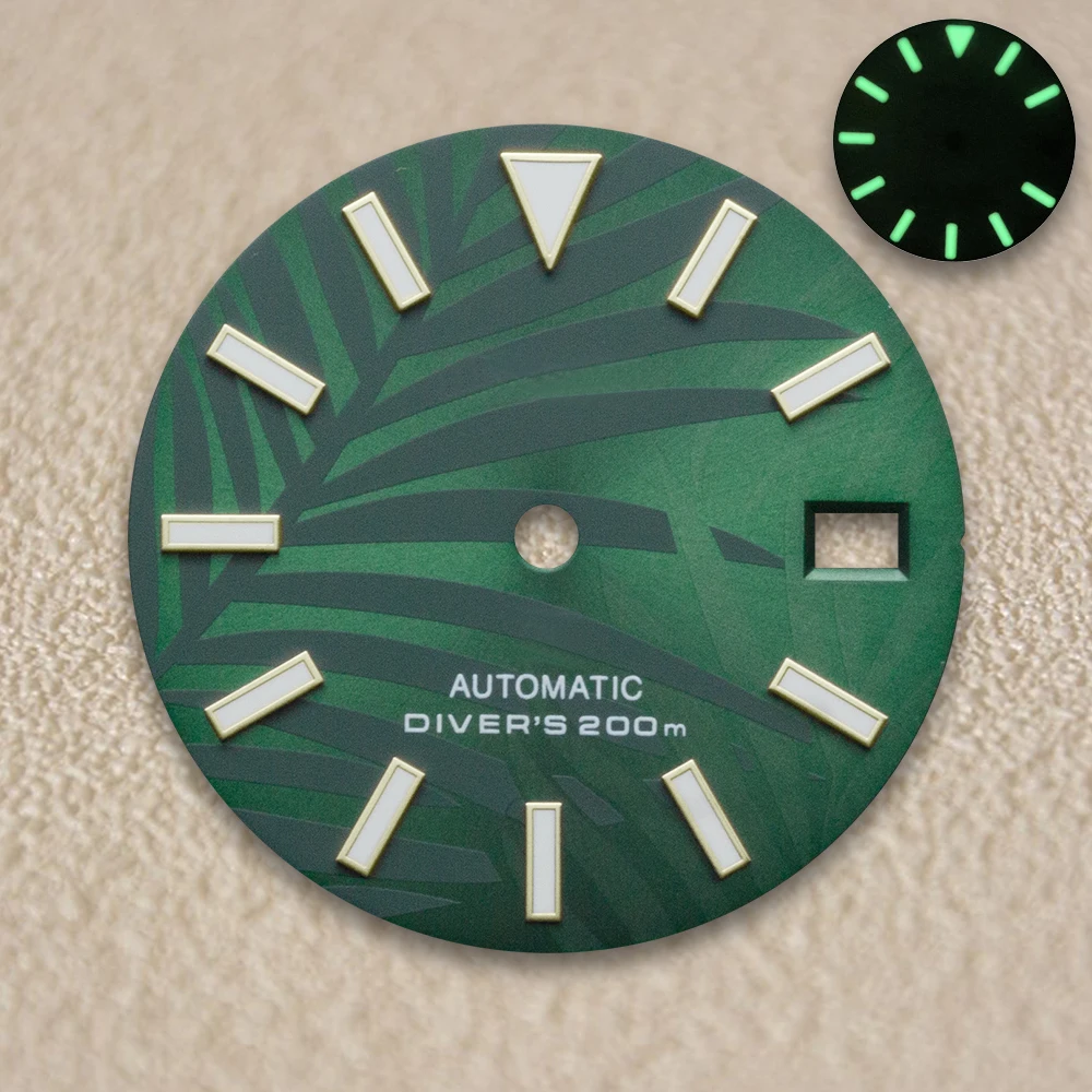 28.5mm High Quality S Logo NH35 Dial Bamboo Leaf Dial Suitable For NH35/NH36 Movement 3/3.8/4.2 O'clock Crown Green Lumens