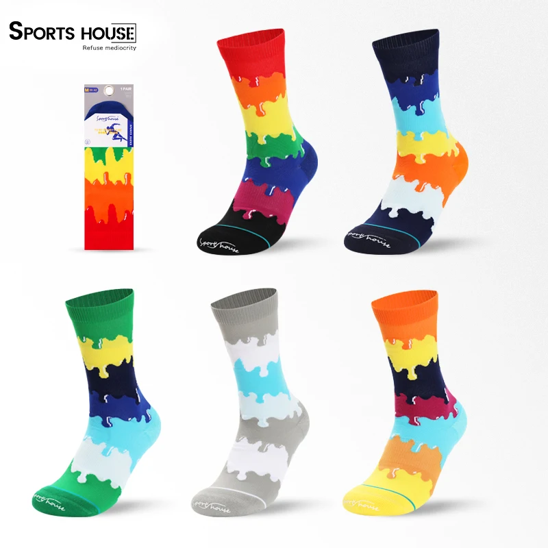 SPORT\'S HOUSE Rainbow towel bottom mid-tube socks Breathable outdoor leisure sports fashion socks