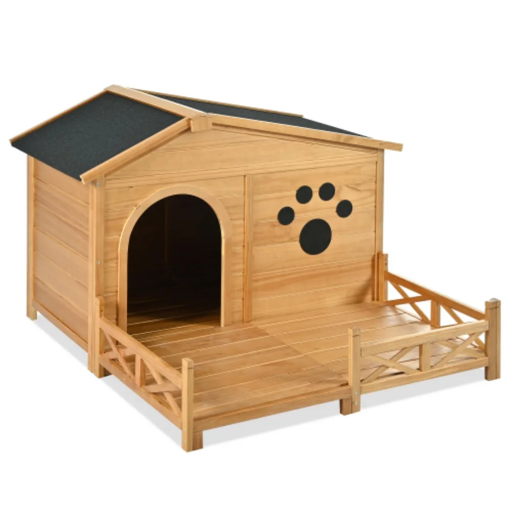 

Wooden Dog House Outdoor With Porch, Dog Kennel With Water-Resistant Asphalt Roof And Fencing