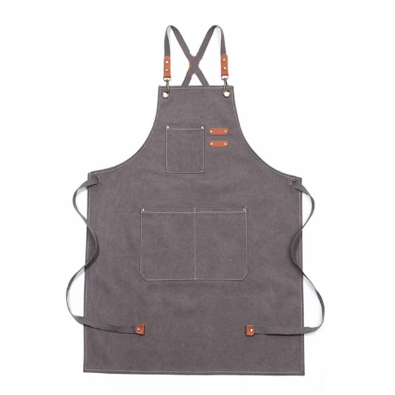 Unisex Canvas Bib Leather Chef Kitchen Apron Barista Bartender Pockets Apron Home Barber Coffee Restaurant Garden Pinafore