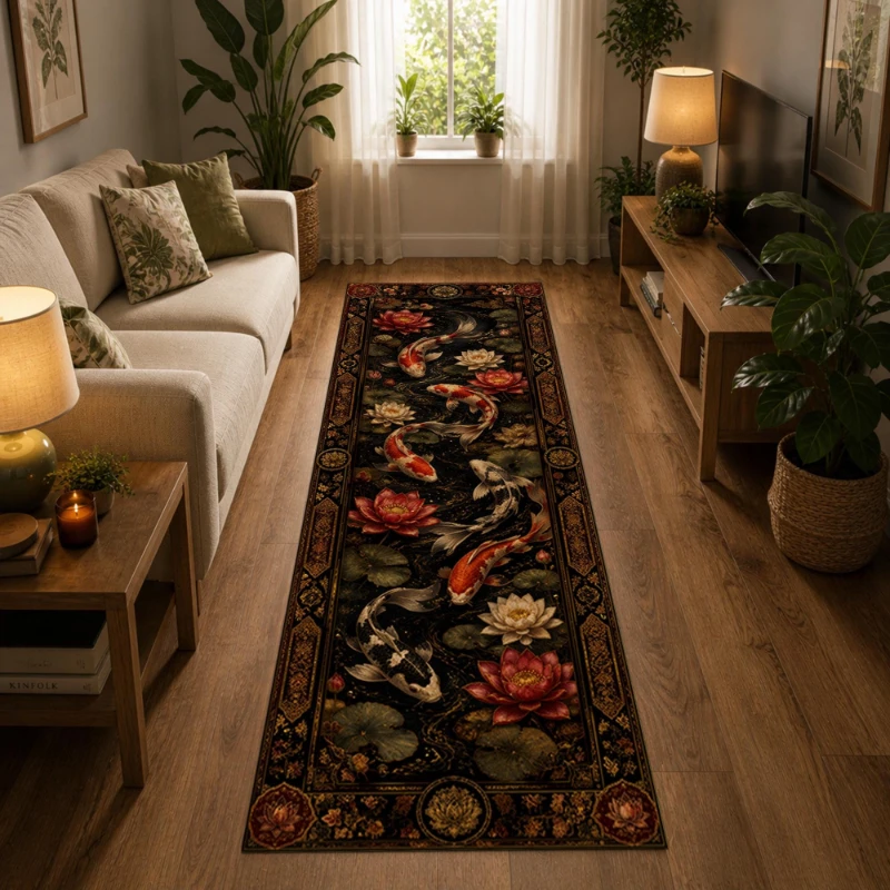 Vintage Koi Fish Lotus Pond Art print Runner Rug,Living Room,Hallway,Sofa Side,Washable Runner Rug,Unique Decor mat