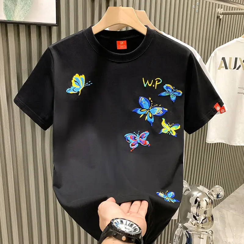 Heavy Industry Butterfly Embroidery High-end Niche Design Sense Youth Short-Sleeved T-shirt Men's Fashion Trendy Brand
