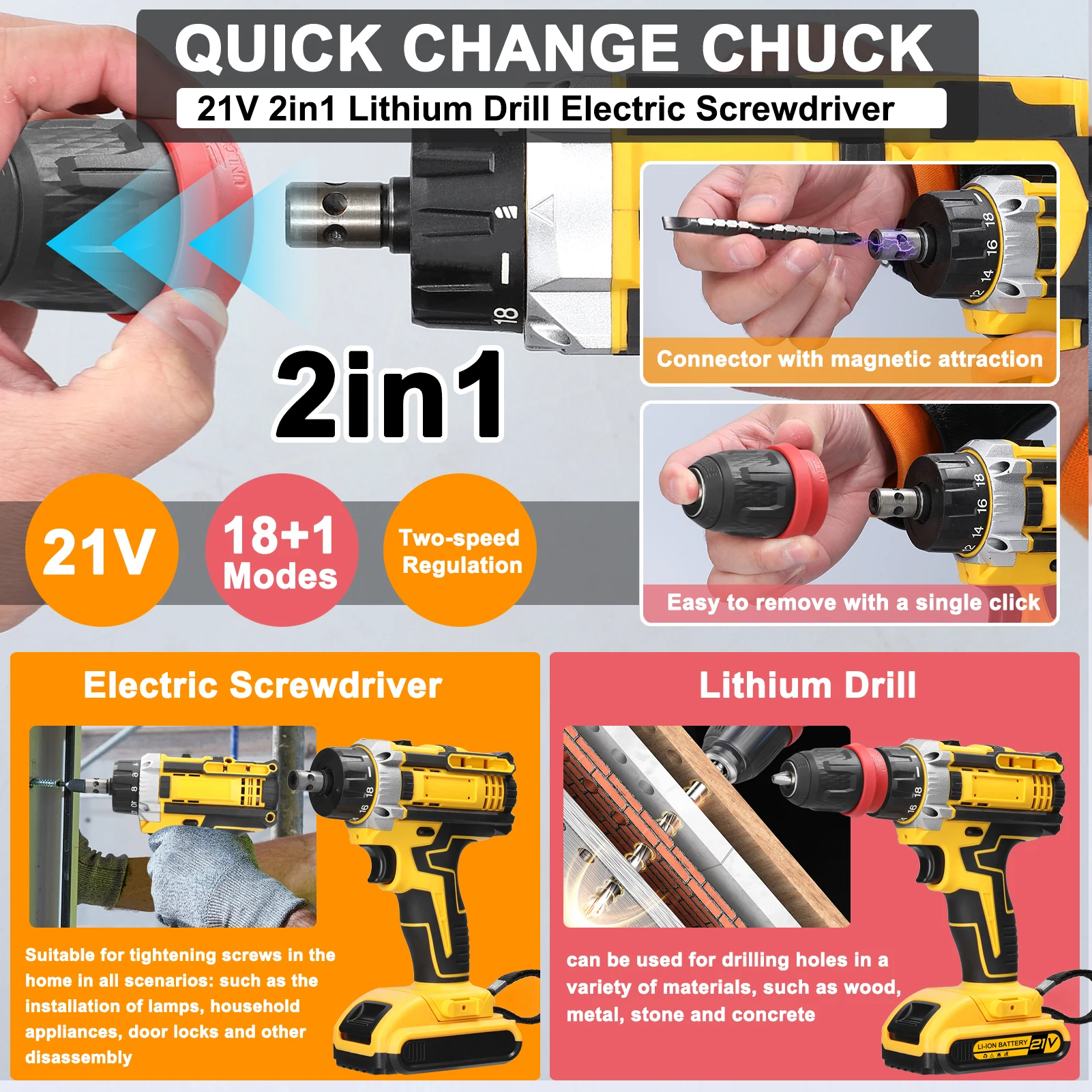 21V 2in1 Lithium Drill Electric Screwdriver High Torque Brushed Motor Practical Screw Driver Multi-function Power Tool for Home