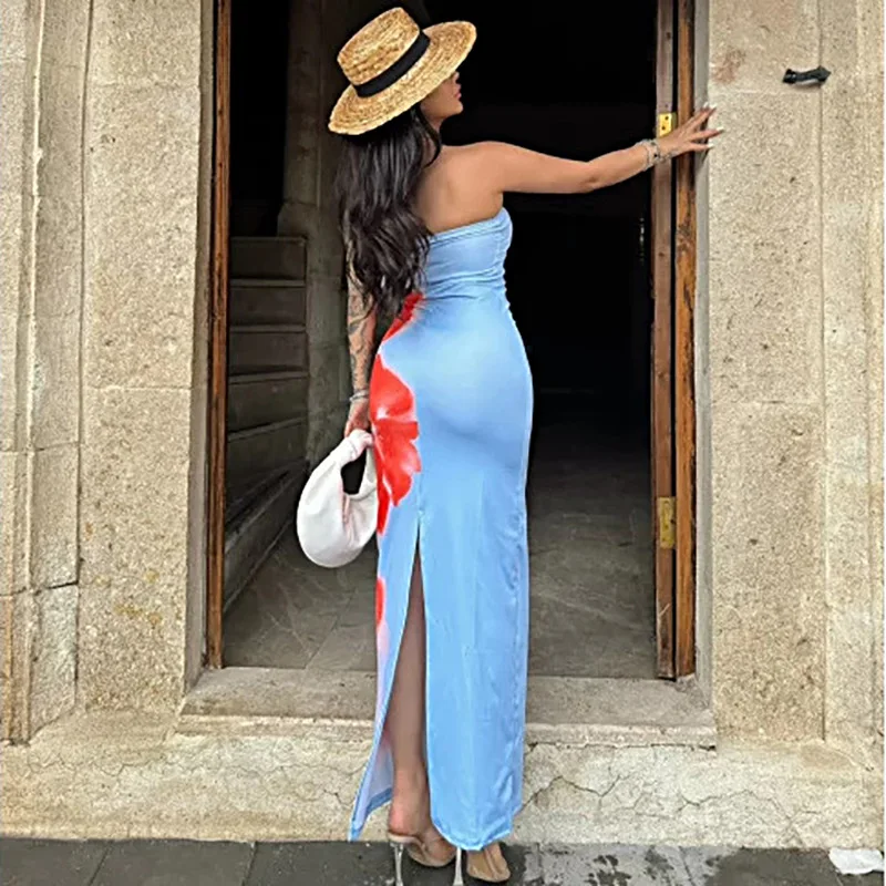 シックな花柄ストラップレスロングドレス女性エレガントなノースリーブバックスプリットミディドレスレディホリデーパーティービーチ背中の開いたローブ