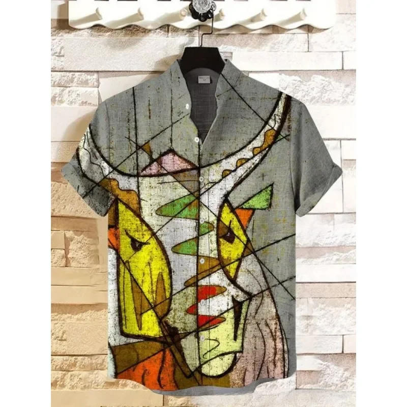 Men's Sun Mythology Art Print Linen Blend Shirt Harajuku Retro Cassette Tape Summer Blouses Stand Collar Hawaiian Shirt Clothing