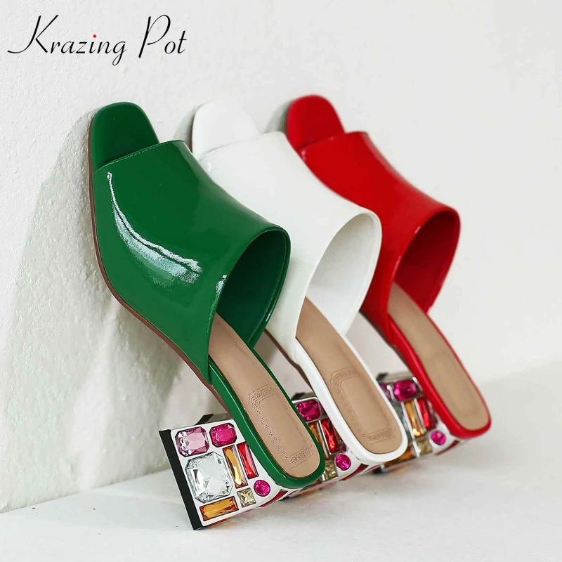 Krazing pot 2021 summer vacation new genuine leather peep toe full of crystal high heels mules women dating gorgeous sandals L29