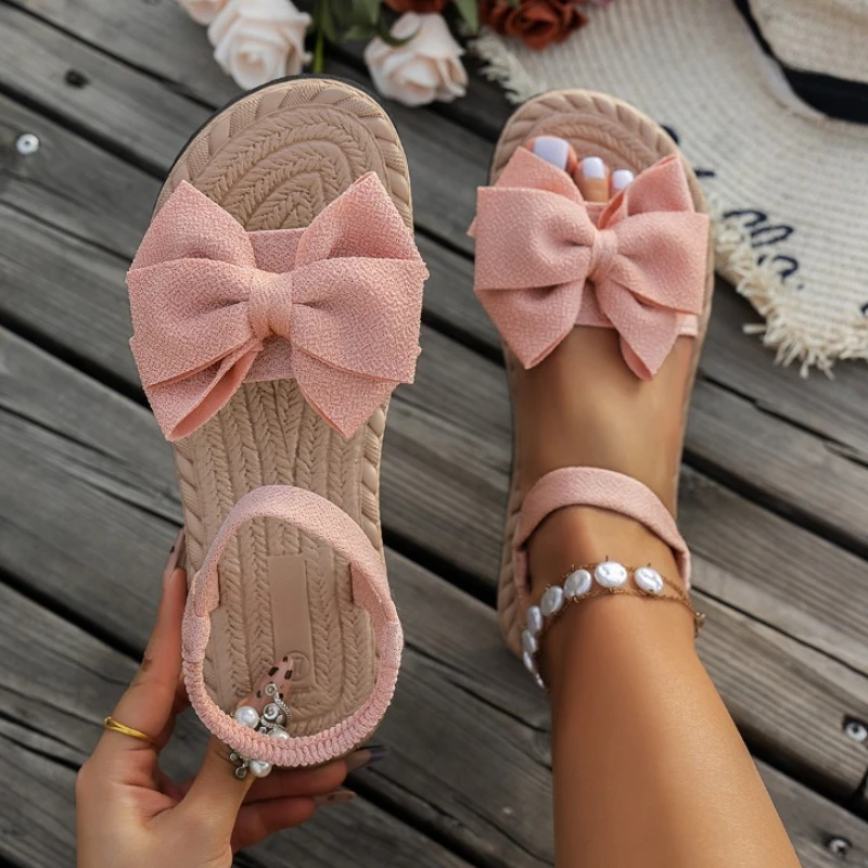 

2025 New Women Sandals Bow Beach Lightweight Sandals Elegant Open-Toe Flat Shoes for Women Solid Color Woven Vacation Sandals