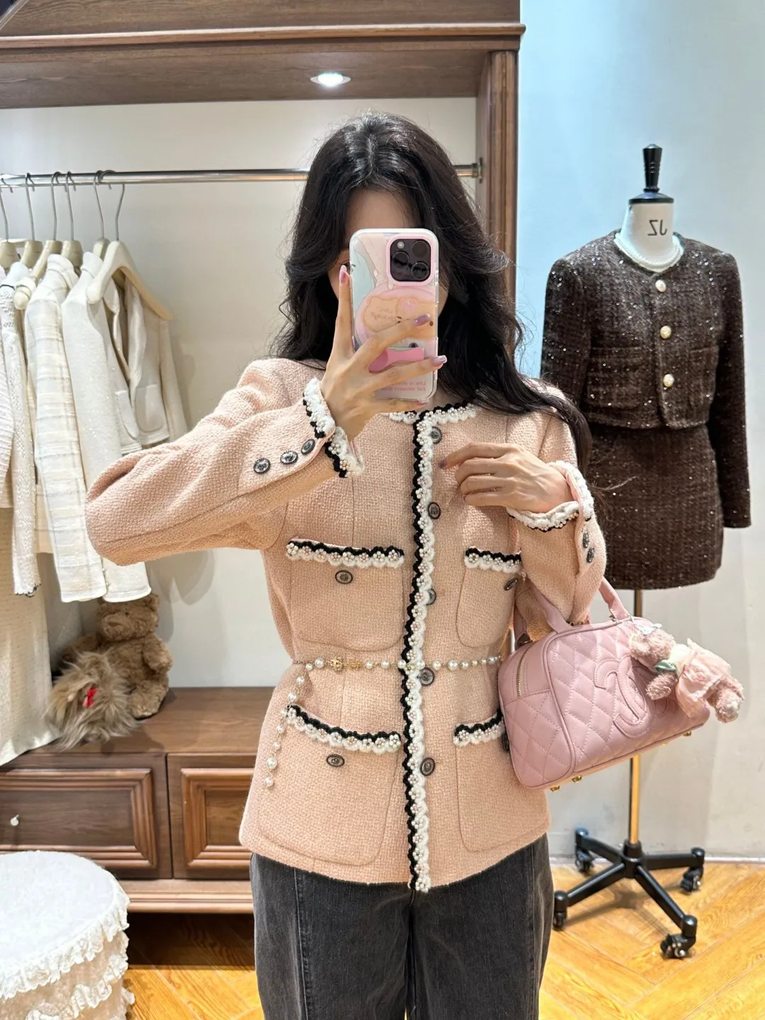 

Women's Elegant Commuting Solid Color Round Neck Waisted Mid-Length Single-Breasted Lace Braided Pearl Decorated Wool Coat