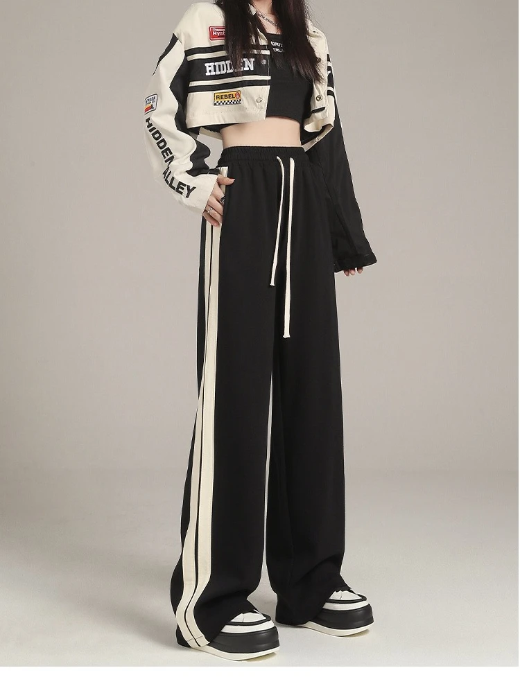 

Женские спортивные брюки с высокой талией, прямые, свободные, повседневные, больших размеров, в корейском стиле, весна-лето, новинка, для студентов, широкие штанины, с эффектом похудения