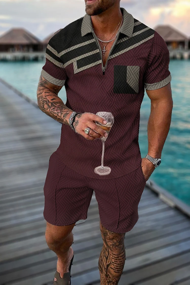 Men Summer Polo Shirt Set 2 Pieces Hawaii Tracksuit Casual Business Suit Fashion Trun Down Collar Zipper Clothing Vintage Outuit