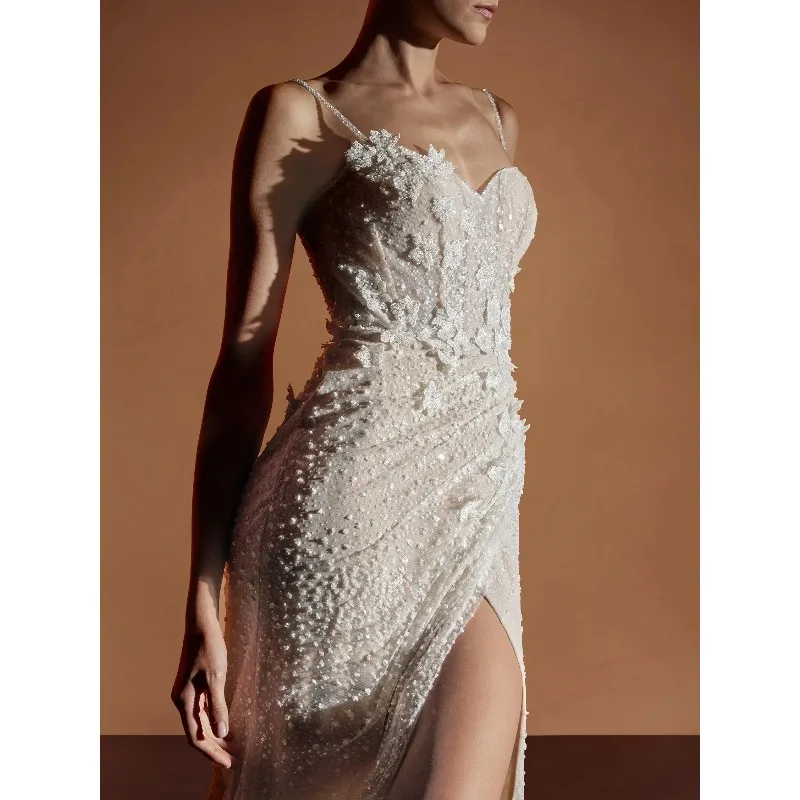 Elegant Evening Dress Women Sweetheart Neck Spaghetti Straps Sequins Gown Floor Length Party Dress Vestdos De Fiesta Customized