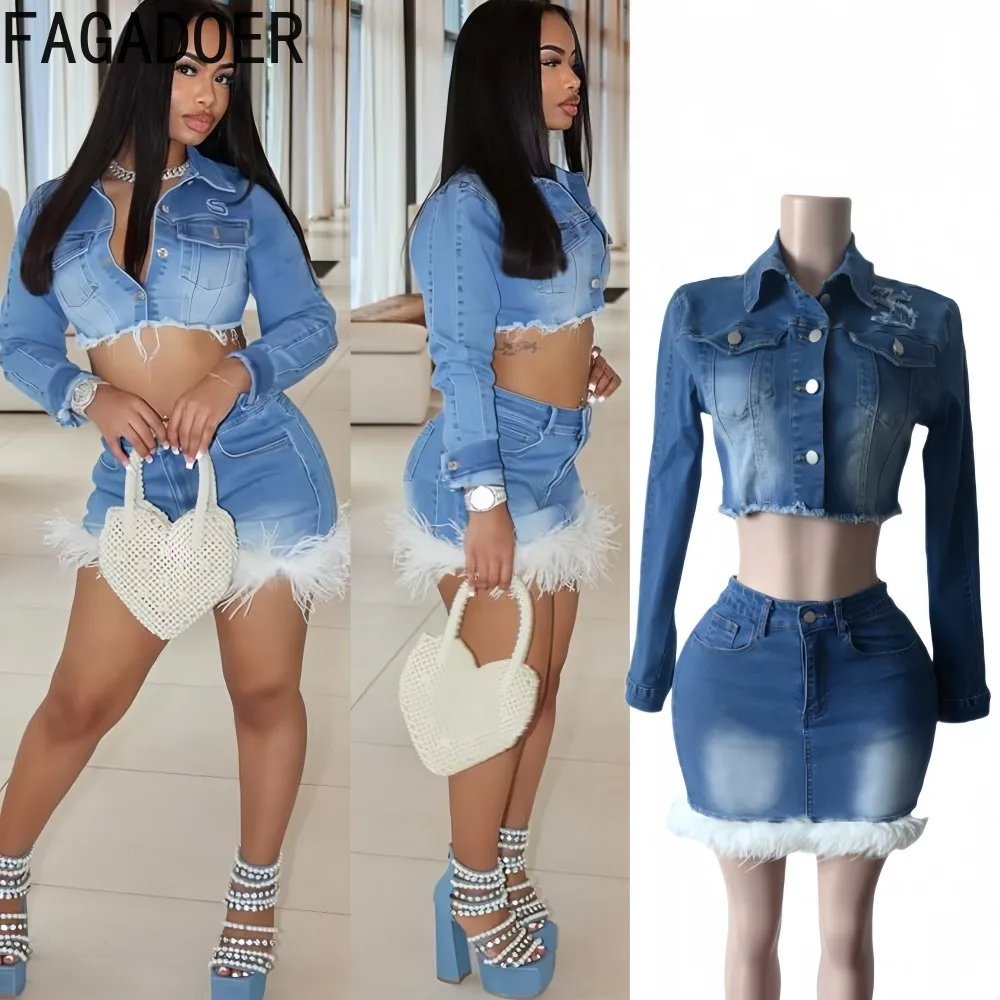 FAGADOER Fashion Denim 2 Pieces Set for Woman Outfits Long Sleeves Buttons Crop Top + Fur Patchwork Skirt Female Streetwear New