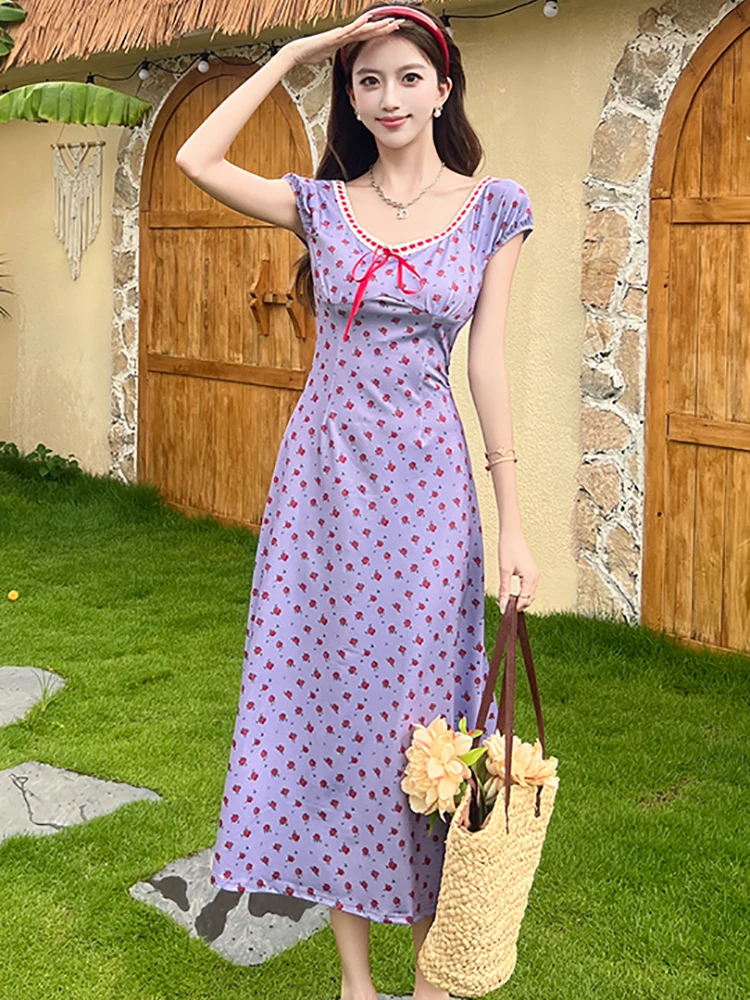 Zomer Paars Satijn Bloemen Chique Strik O-hals Lange Jurk Vrouwen Koreaanse Vintage Luxe Avondjurk 2025, Elegante Bodycon Feestjurk