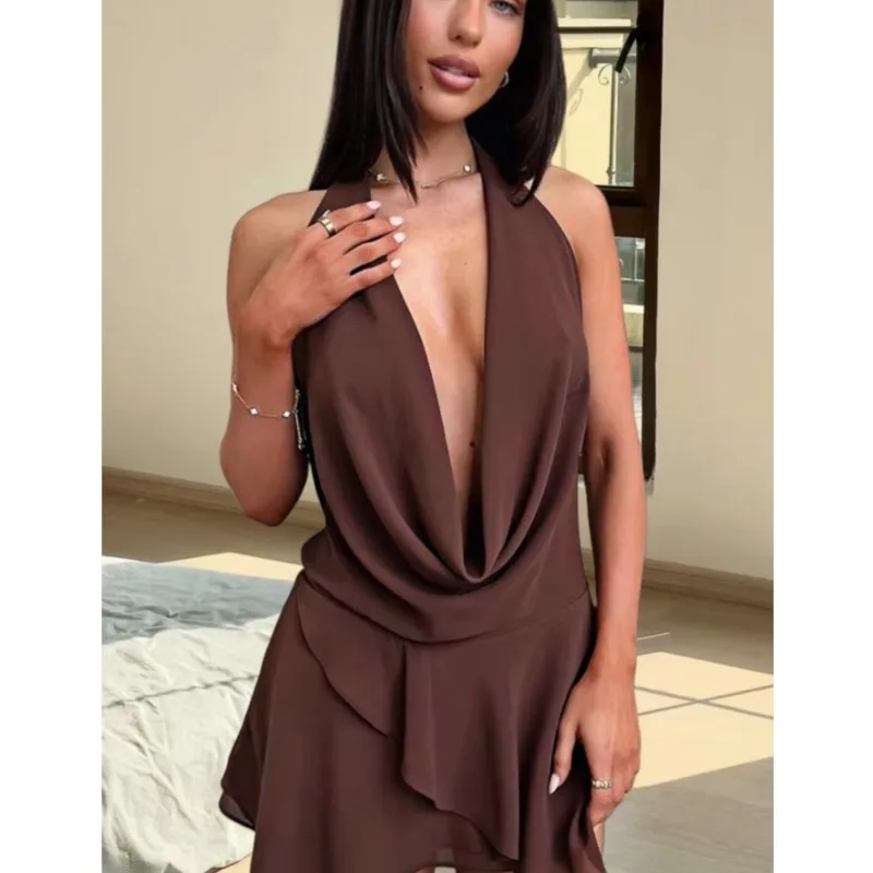 여성 여름 미니 드레스 패션 솔리드 민소매 섹시 백리스 로우 체스트 V넥 홀터 드레스 캐주얼 스트리트웨어 여성 베스티도스