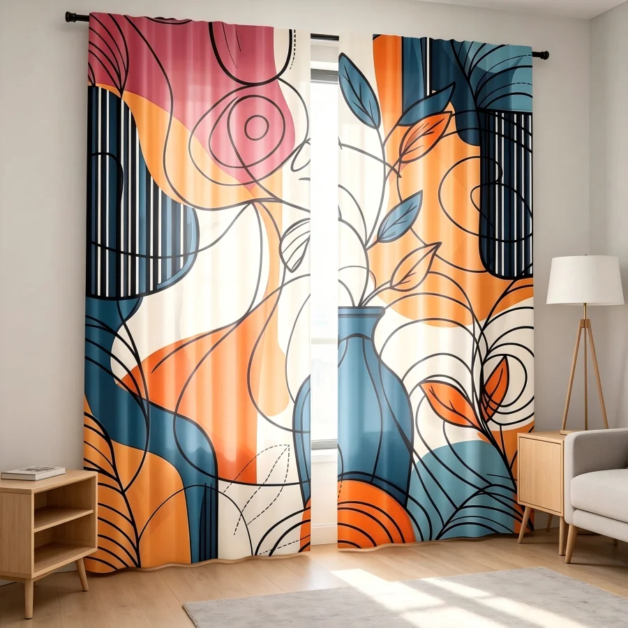 2PCS Digital Print  Curtain, Orange Blue Vase, Bohemian Style  Curtain Panel for Home Living Room Bedroom Decor