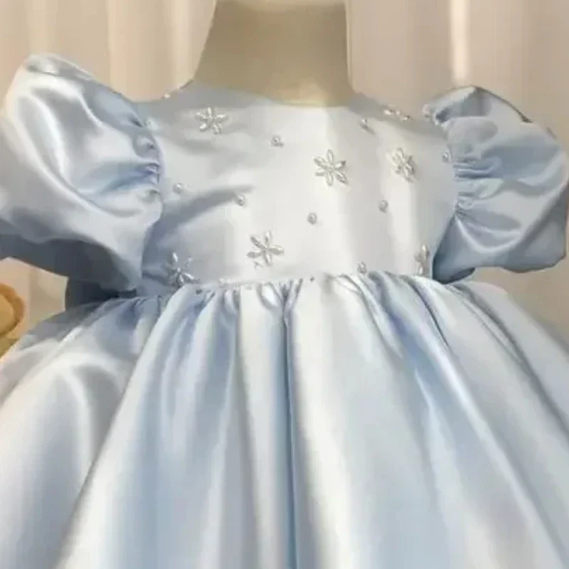 2026 Baby Girls Party Dress Blue Children Clothes Elegant Baptism Sleeves Plain Ball First Birthday Beading Puff Gowns