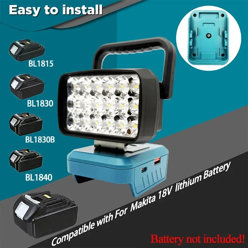 Portable LED Work Light Construction Site Light for Makita/Milwaukee/DL 18/20V Li-ion Batteries for Camping with USB Type-C Port